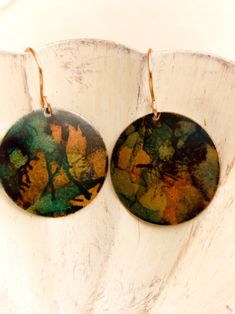 Unique, one-of-a-kind alcohol-ink-painted copper earrings.  Each on handcrafted. Hand Painted Green Copper Jewelry, Modern Hand Painted Green Copper Jewelry, Modern Green Hand Painted Copper Jewelry, Artistic Copper Earrings With Patina, Artsy Hand Painted Copper Jewelry, Green Hand Painted Copper Earrings, Hand Painted Copper Artsy Earrings, Hand Painted Artsy Copper Earrings, Artsy Hand Painted Copper Earrings