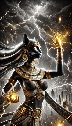 an egyptian woman holding her hands up in the air with lightning behind her and clouds above her