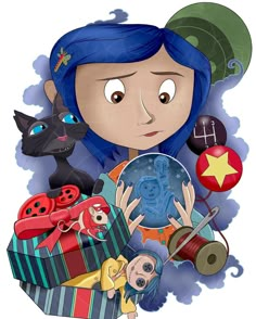 a cartoon girl with blue hair holding a box full of toys and other items in her hands