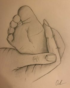 a pencil drawing of a hand holding a baby's foot with the thumb on it