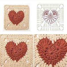 crocheted square with two hearts on each side and the other one in red