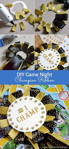 the diy game night wreath is made with ribbon