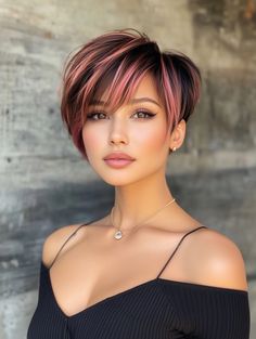 The pixie cut gets an edgy update with a touch of rose brown. Short, textured layers combined with rose brown highlights create a chic, modern style that’s easy to manage. This look is particularly stunning on brunettes short hair, making it perfect for those who want to embrace a fresh and bold change. It’s also a great option for those with round or square face shapes, as the layers can add dimension and frame the face beautifully. Pixie Highlighted Hair, Brown Pixie Hair With Highlights, Short Brunette Ombre, Short Hair Colors For Women, Pink Hair Ideas Short, Bold Hair Color For Short Hair, Short Hair Styles Color Ideas, Red And Brown Short Hair, Haley Berry Short Hair