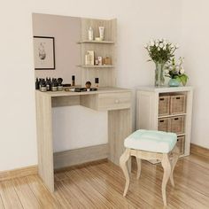 a white desk with shelves and drawers in a room next to a stool, vases and flowers