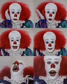 four pictures of clowns with different facial expressions and haircuts on their faces