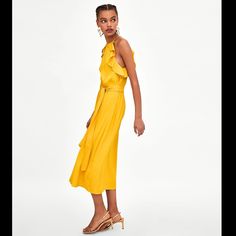 Size Xs Nwt Beautiful Mustard Yellow Flowy Ruffle Midi Dress Attached Fabric Belt Elastic Waist And Button Closure At Back Of Neck Floral Pattern Within Stitching Photos Do Not Do This Justice Elegant Yellow Midi Dress For Beach, Elegant Yellow Beach Sundress, Chic Yellow Summer Midi Dress, Chic Yellow Midi Dress, Chic Yellow Midi Dress For Summer, Chic Sleeveless Mustard Maxi Dress, Chic Mustard Maxi Dress For Day Out, Elegant Yellow Sundress For Vacation, Zara Yellow Midi Dress For Summer