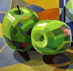 two green apples sitting next to each other on top of a table with an orange and blue background