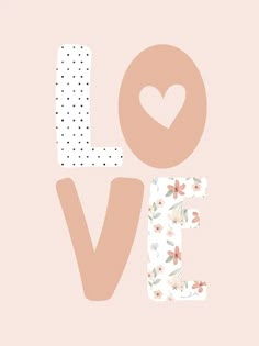 the word love is written in pink and white with polka dots on it, as well as a heart