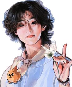 a drawing of a person holding a flower in one hand and a peace sign in the other