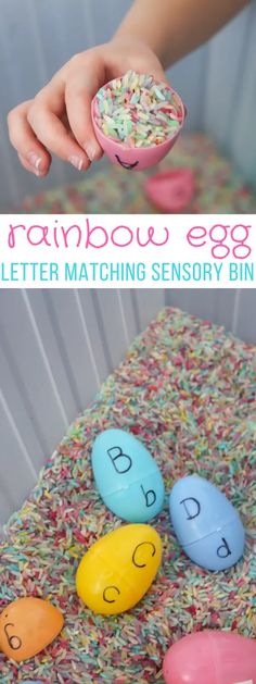 a child's hand holding an egg with letters on it and the words, rainbow eggs