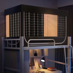 a bunk bed with a desk underneath it and a lamp on the side next to it