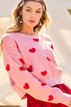 Round Neck Heart Sweater 100% ACRYLIC Heart Sweater, Print Coat, Love Hearts, Loose Sweater, Cute Sweaters, Sweater Making, Printed Sweater, Girls Night Out, Red Sweaters