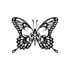 a black and white drawing of a butterfly with skulls on it's back wings