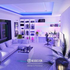 a living room filled with white furniture and lots of purple lighting on the ceiling above