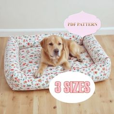 a brown dog laying on top of a floral print bed with the words 3 sizes below it