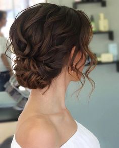 Soft Side Bun Wedding Hair, Low Messy Bun Wedding Hair Medium Length, Wedding Low Bun With Hairpiece, Wedding Bun Hairstyles Front View, Wedding Hair Low Bun Loose, Low Bun Wedding Hair Curly, Wedding Hairstyles Updo Messy Loose Curls Low Buns, Brunette Bridal Updo, Loose Updo Wedding