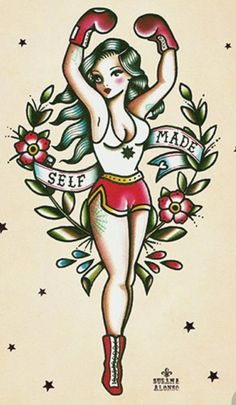 a woman with boxing gloves and flowers on her chest is depicted in an old - fashioned tattoo