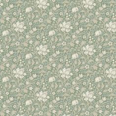 a green and white floral wallpaper with small flowers on the bottom half of it