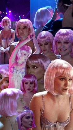 a collage of women with pink hair