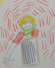 a drawing of a boy sitting on top of a trash can