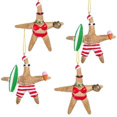 three starfish ornament hanging from strings with christmas decorations on them, one wearing sunglasses and the other in santa's hat