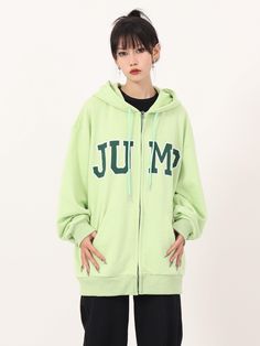 Casual Hoodie with Big Logo Zipper - chiclara Spring Hoodie With Letter Print, Spring Hoodie Jacket With Letter Print, Casual Green Hoodie With Zipper, Spring Hooded Jacket With Letter Print, Oversized Casual Hooded Jacket With Letter Print, Green Long Sleeve Hoodie With Zipper Closure, Spring Outdoor Hoodie With Letter Print, Green Zipper Closure Long Sleeve Hoodie, Spring Outdoor Letter Print Hoodie