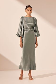 La Lune Balloon Sleeve Midi Dress with Belt | Sage | Dresses | Shona Joy Satin Wedding Guest Dress With Sleeves, Satin Gown Bridesmaid, Charity Event Outfit, Silk Dress Outfit Classy, Baloon Dress, Shona Joy La Lune, Shona Joy Dress, Sage Dresses, Black Tie Attire