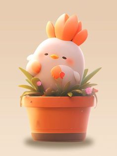 an egg in a flower pot with flowers on the side and a bird sitting on top