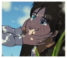 an animated image of a boy with his hand on his face and the sky in the background