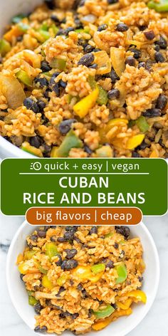 rice and beans in a white bowl with text overlay that reads quick and easy vegan cuban rice and beans