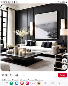 a living room with black walls and white furniture in the center is featured on instagram