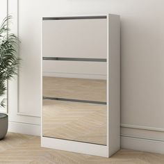 an empty white cabinet next to a potted plant