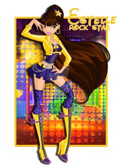 a cartoon girl with long brown hair and boots standing in front of a colorful background