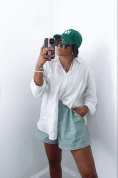 Button Down And Shorts Women Outfit, Green Striped Shorts Outfit, Green Gingham Shorts Outfit, Green Boxer Shorts Outfit, Striped Boxer Shorts Outfit, Shorts Outfit Women Summer, Chic Athleisure Outfits Summer, Cap Outfits For Women Summer, Summer Baseball Cap Outfit