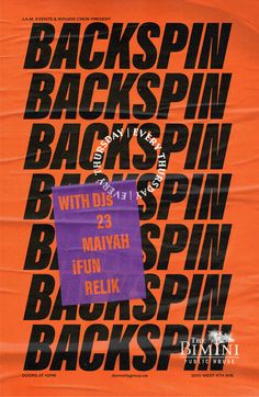 an orange and purple poster with the words backspin