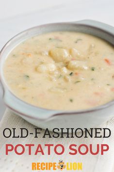 an old - fashioned potato soup is served in a bowl