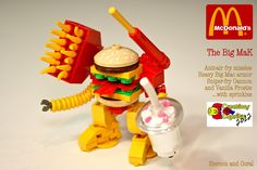 a mcdonald's ad with a lego character holding a hot dog and fries