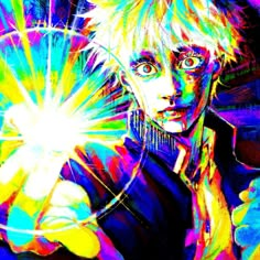 a painting of a person holding something in their hand with colored light coming out of it