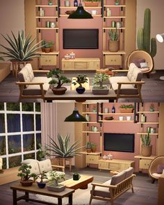 the living room is filled with plants and bookshelves, but no one can tell what they are