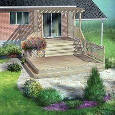 a painting of a house with flowers on the front porch and steps leading up to it