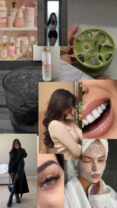 a collage of photos with different types of skin care products and woman in bathrobe