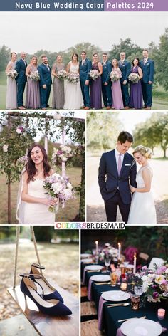 navy blue wedding color palettes for the bridesmaids and groomsmid in purple