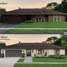 before and after photos of a house with grass in the front yard, landscaping on the back