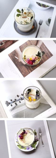 four different photographs of food in bowls and plates