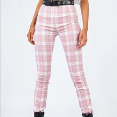 Never Worn, Super Trendy Pants! Could Fit A 25/26 Trendy Straight Leggings For Spring, Trendy Fitted White Pants, White Fitted High-rise Pants, Pink Plaid Pants, Gingham Fashion, Trendy Pants, Pink Jumpsuit, Plaid Pants, Pink Plaid