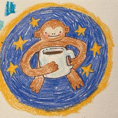 a child's drawing of a monkey holding a cup of coffee with stars around it