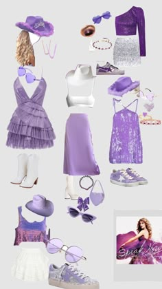 a bunch of different types of clothes and shoes on display in a white background with purple accents