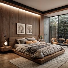 a large bed sitting in the middle of a bedroom next to a wooden wall and floor