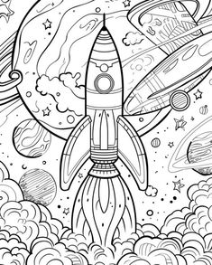 a black and white drawing of a rocket ship flying through the sky with planets around it