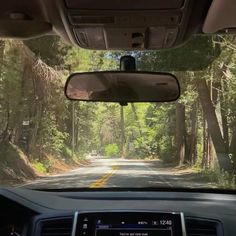 the inside view of a car driving down a tree lined road